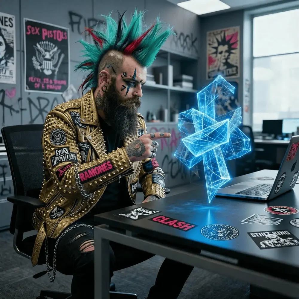 Punk mit buntem Irokesenschnitt und Nietenjacke sitzt an einem Schreibtisch und interagiert mit einem blauen holografischen 3D-Symbol über einem Laptop.