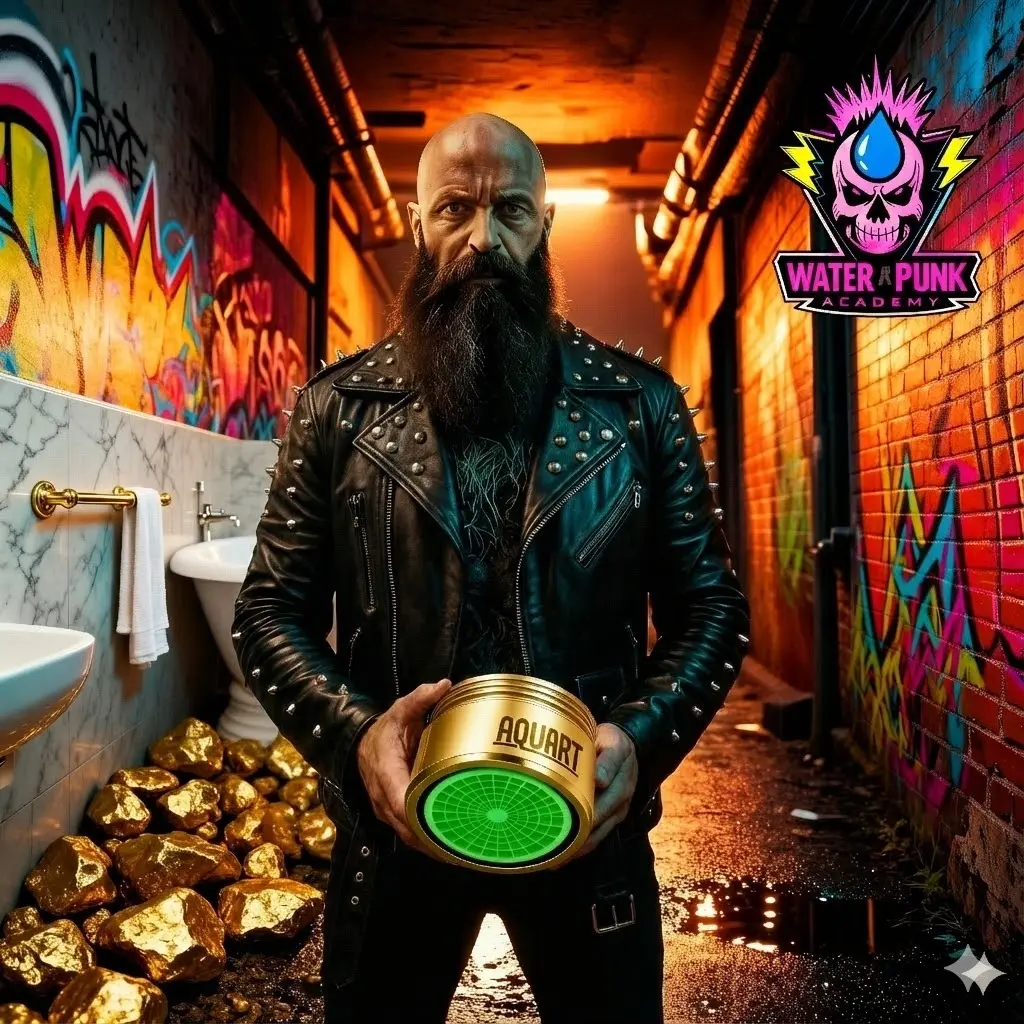 Bärtiger Punk in schwarzer Nietenlederjacke hält ein rundes Aquart-Gerät mit grün leuchtender Anzeige in einer urbanen, graffiti-besprühten Umgebung.