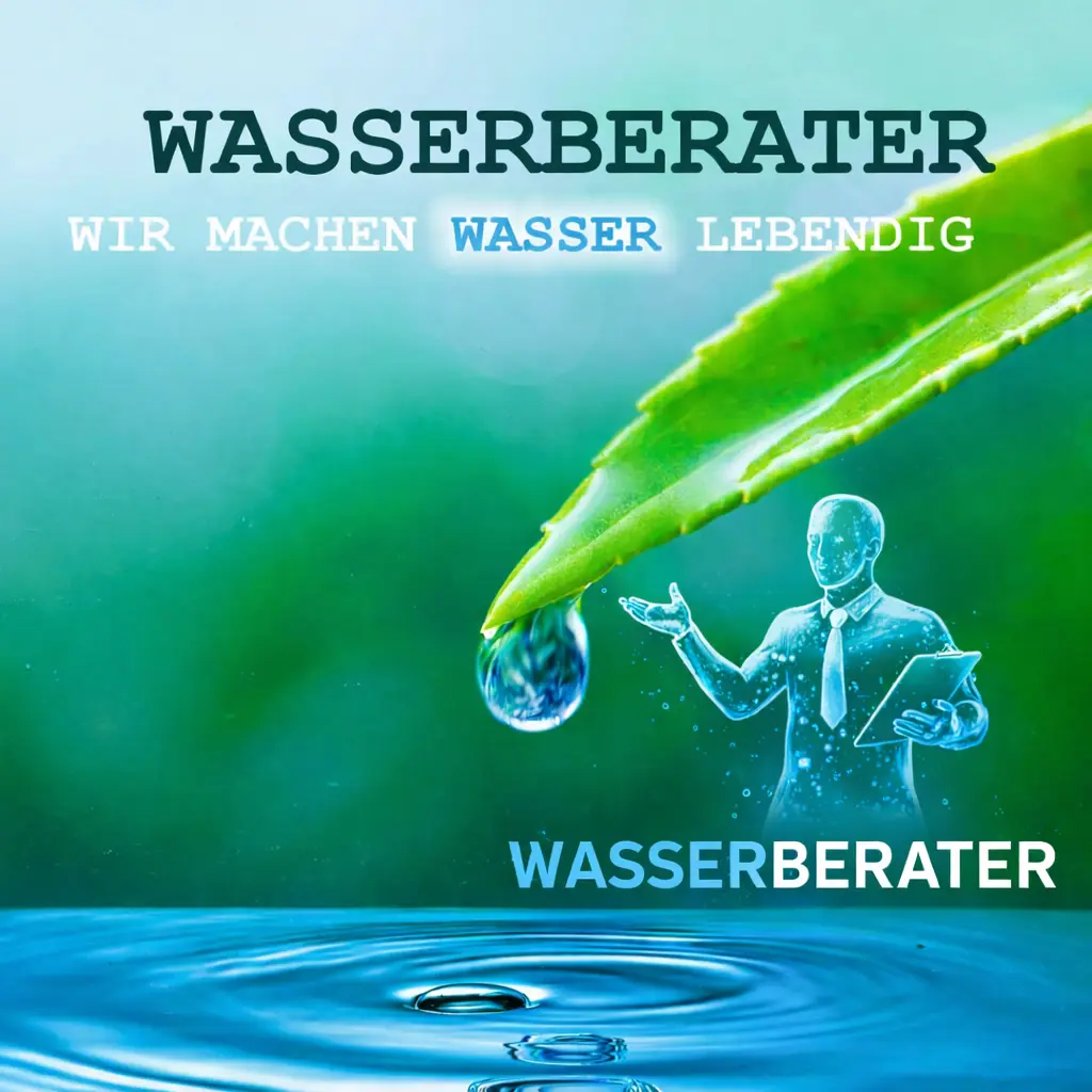 Symbolbild Wasserberater: Wassertropfen an grünem Blatt, darunter stilisierte menschliche Figur aus Wasser über einer ruhigen Wasseroberfläche.
