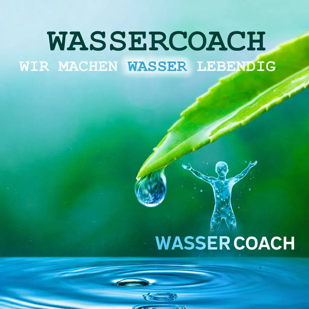Symbolbild Wassercoach: Wassertropfen an grünem Blatt, darunter menschliche Wasserfigur mit ausgebreiteten Armen über einer Wasseroberfläche.