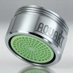 Aquart Wasserstrukturierer aus Edelstahl mit grünem Strukturkern für den Wasserhahn.