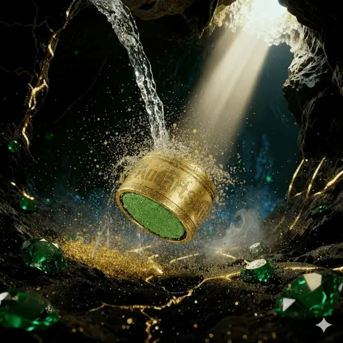 Goldenes Aquart-Modul mit grünem Strukturkern unter fließendem Wasser in einer felsigen Höhle.