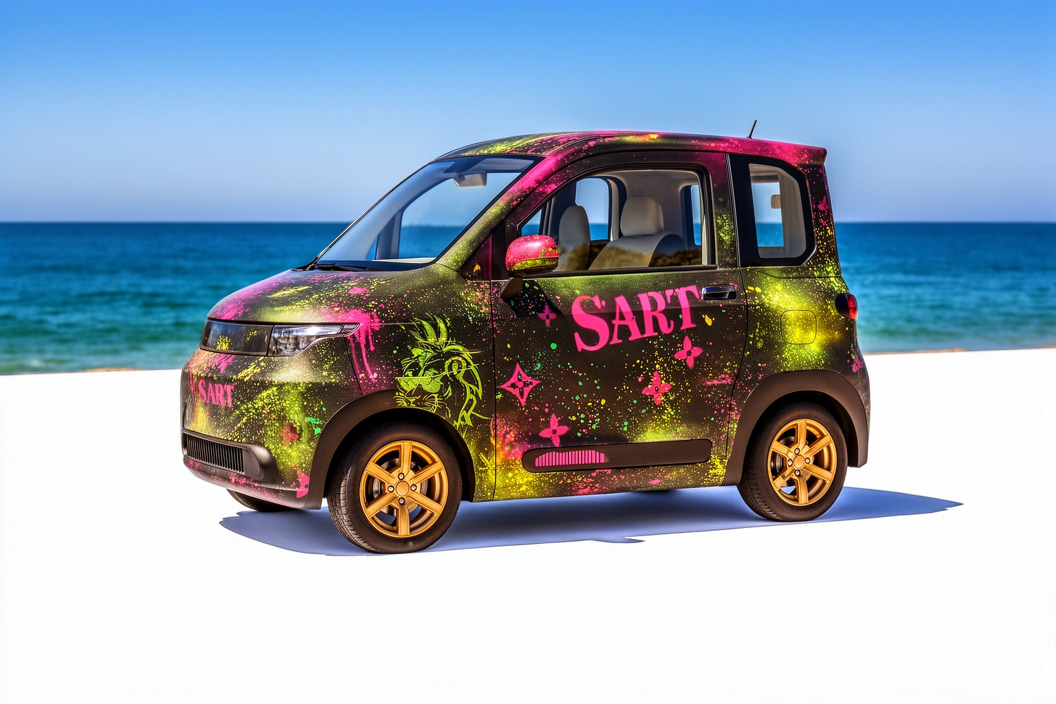 Bunt gestalteter futuristischer Starliner mit Graffiti-Design und „SART“-Schriftzug, geparkt am Strand vor blauem Meer.