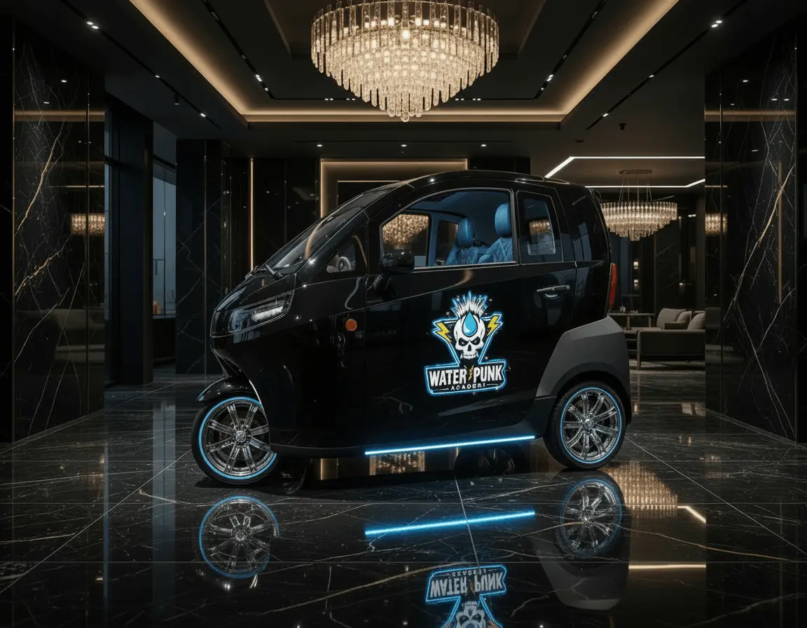 Schwarzer Starliner Water Punk Academy mit Water-Punk-Logo in einer luxuriösen Hotellobby mit Kronleuchter und reflektierendem Marmorboden.