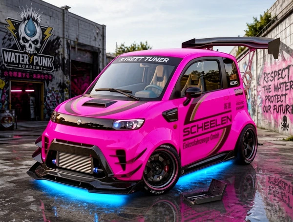 Neon-pinker Skyliner TS Sport mit Tuning-Bodykit, Spoiler und Unterbodenbeleuchtung vor urbaner Street-Art-Kulisse.
