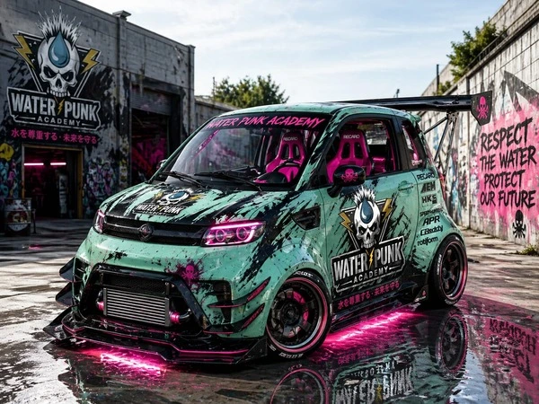 Grün-schwarzer Skyliner TS Punk Sport mit Water-Punk-Design, Bodykit und pinker Unterbodenbeleuchtung vor Graffiti-Wand.