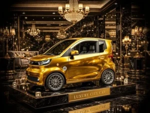 Goldener Skyliner TS Luxury City Car in exklusiver Luxusumgebung mit Kronleuchtern und edlem Marmorboden.