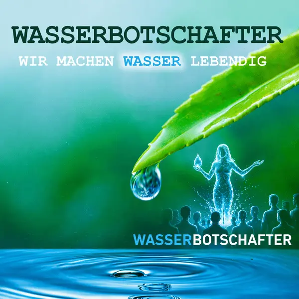 Symbolbild Wasserbotschafter: Wassertropfen an grünem Blatt, darunter stilisierte Wasserfigur vor einer Gruppe von Menschen über einer Wasseroberfläche.